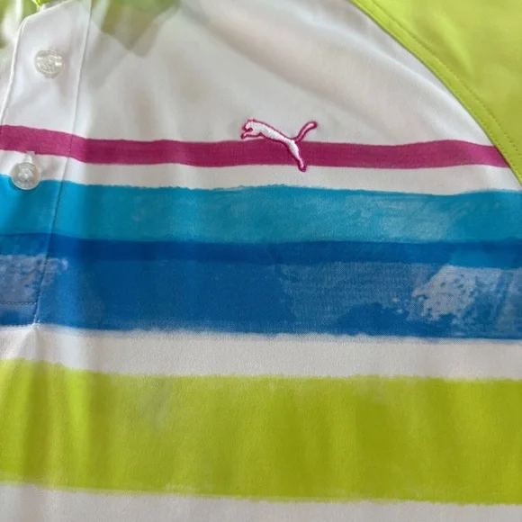 Puma Men's Short Green Blue Striped Dry Cell Button Shirt Sz M - Picture 2 of 12